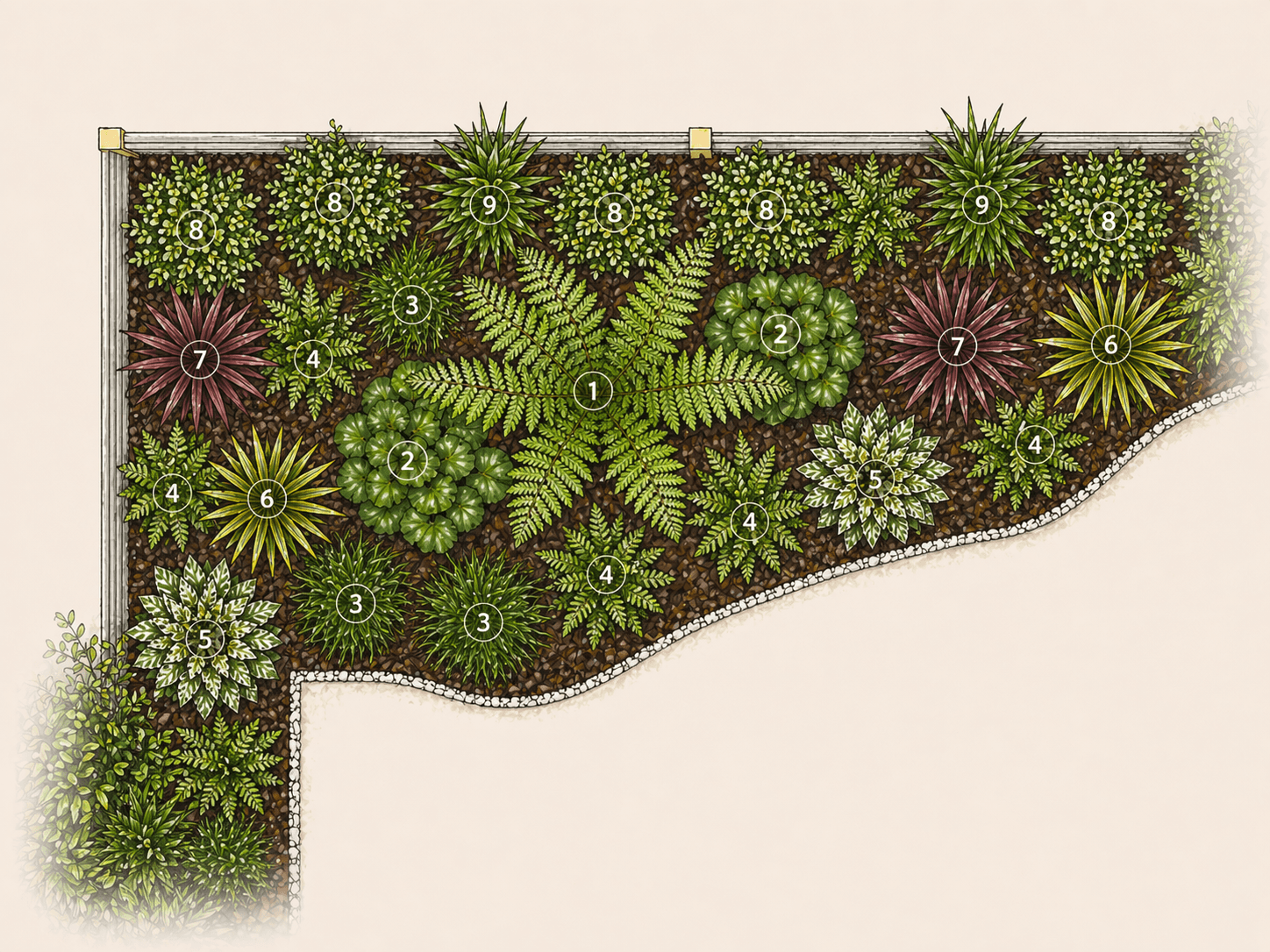 Plan de jardin vu de dessus annoté